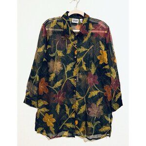 Chicos Top Womens Large Black Embroidered Floral Silk Sheer Textured Tunic Boho